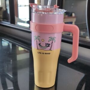 Life Is Good Pink and Yellow Tumbler with Handle